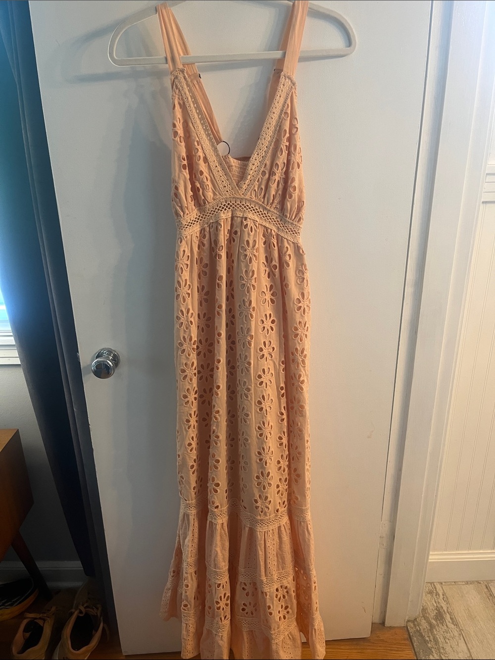 Peach Eyelet Maxi Dress with Crochet Waist and V-Neck